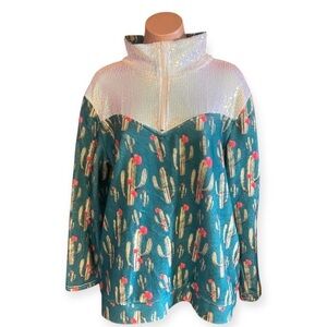 LB Lucky & Blessed Medium Fleece Cactus And Sequined Half Zip Pullover